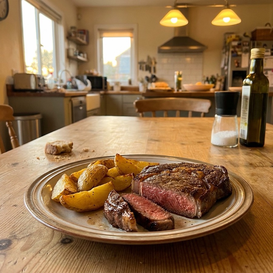 Steak and roast potatoes cooked at home